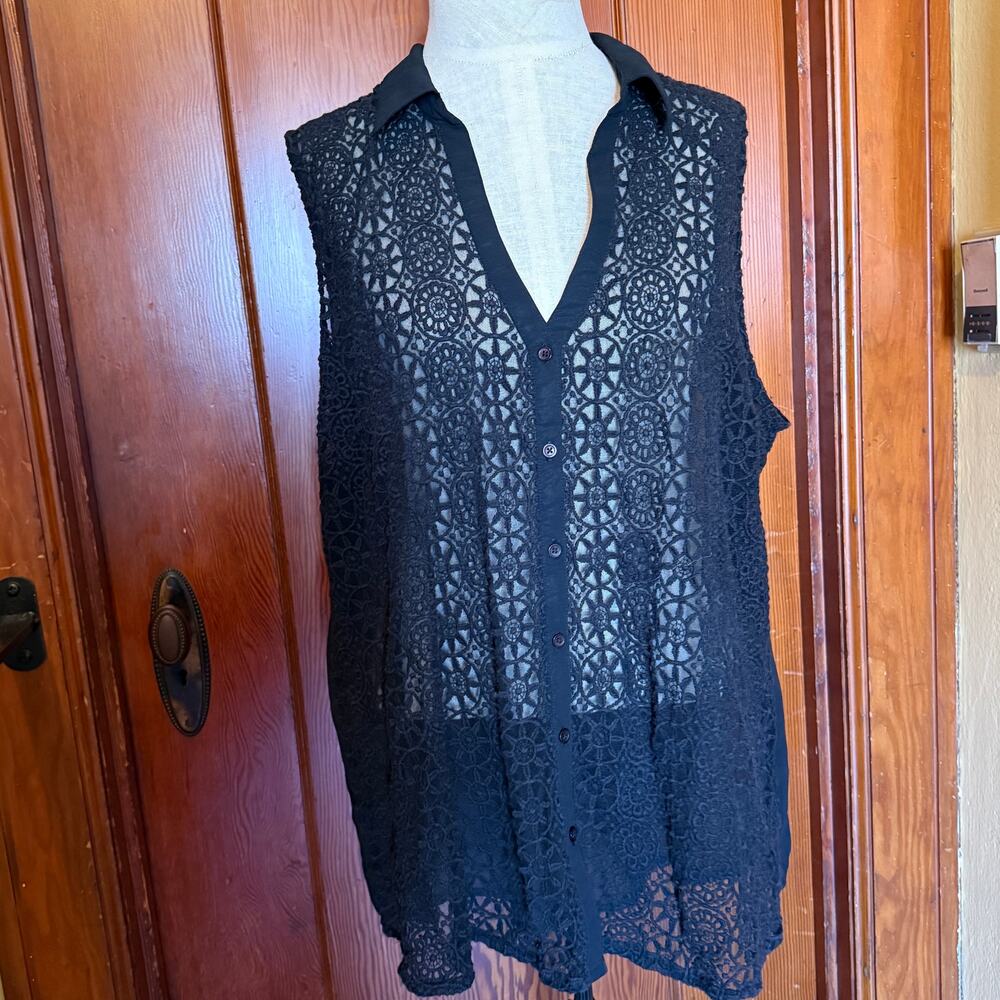 Alfani Woman 2X Black Lace Sleeveless Blouse Sheer Back Button Up Plus Size